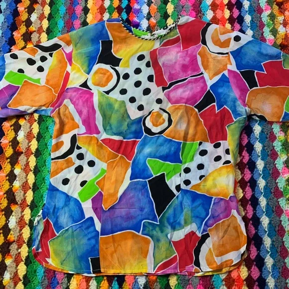 Vintage 80s 90s Studio Image Abstract Print Art Rainbow Top High Neck Cr… - Picture 7 of 12